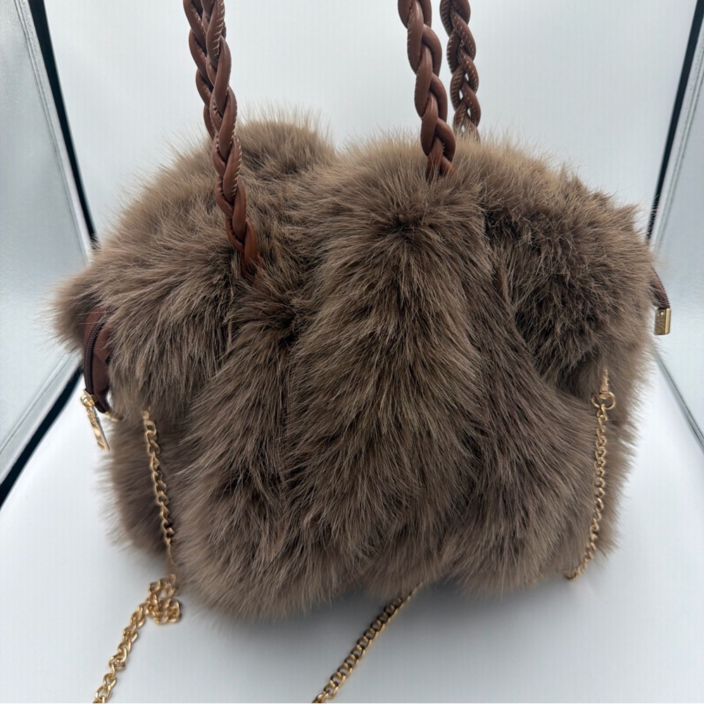 Faux Fur Taupe Crossbody Bag with Braided Strap and Gold Chain